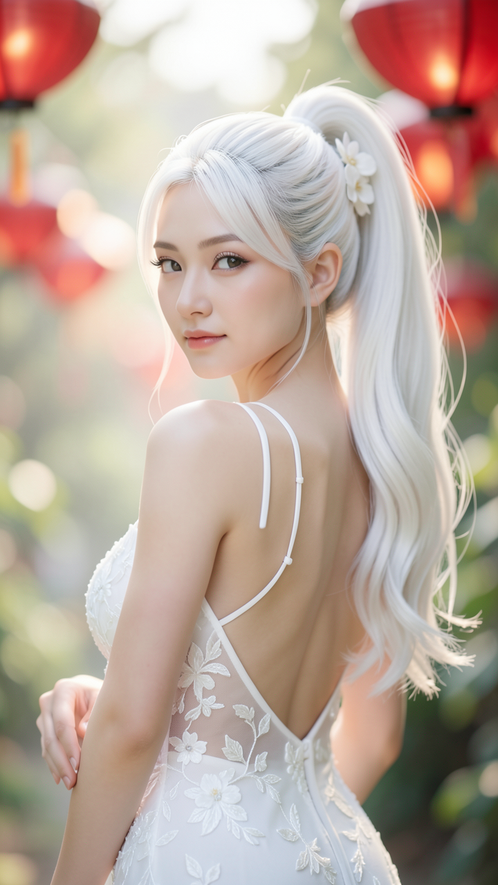 Ethereal Woman in White Lace amidst Red Lanterns
