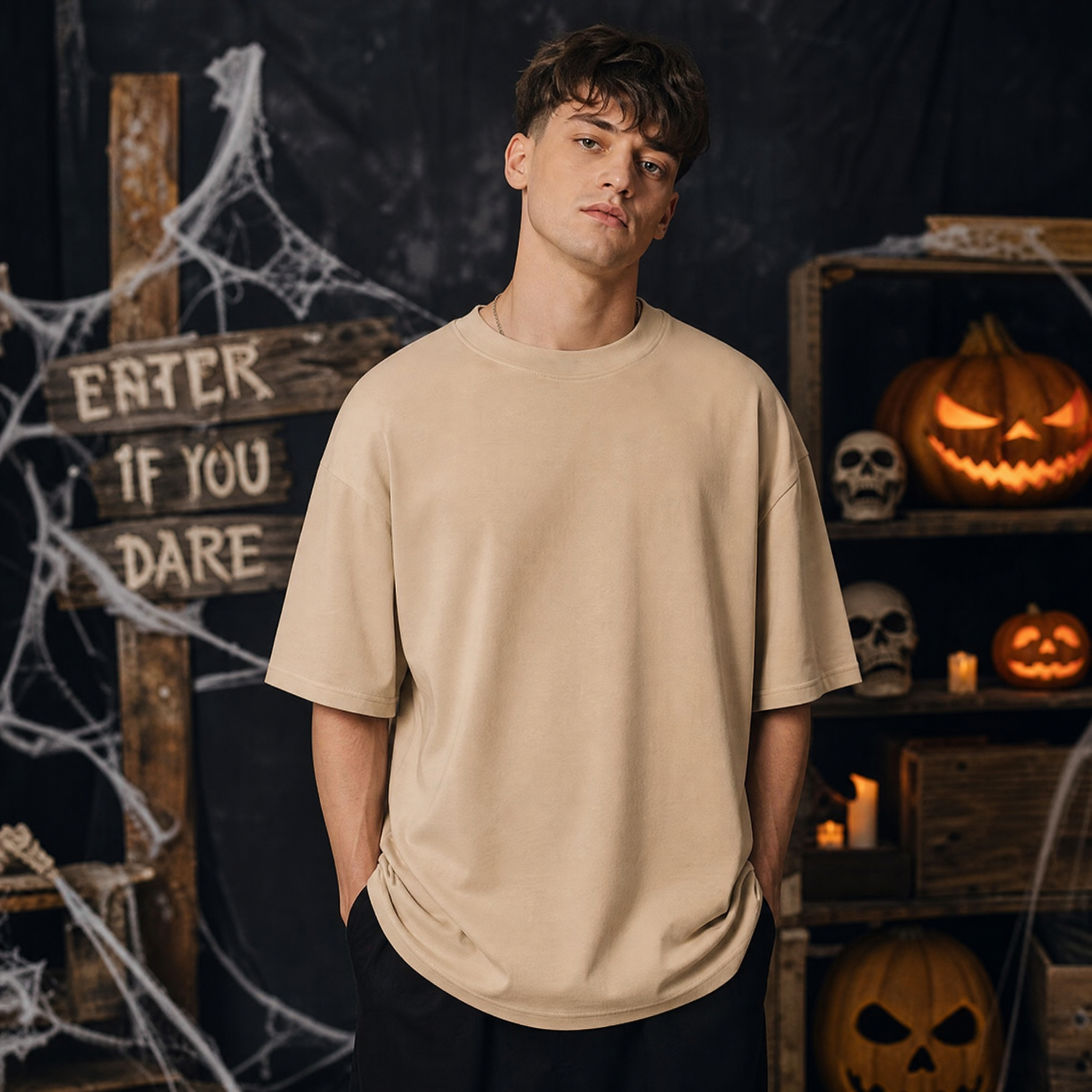 Oversized Sand T-Shirt Mockup - Halloween Theme