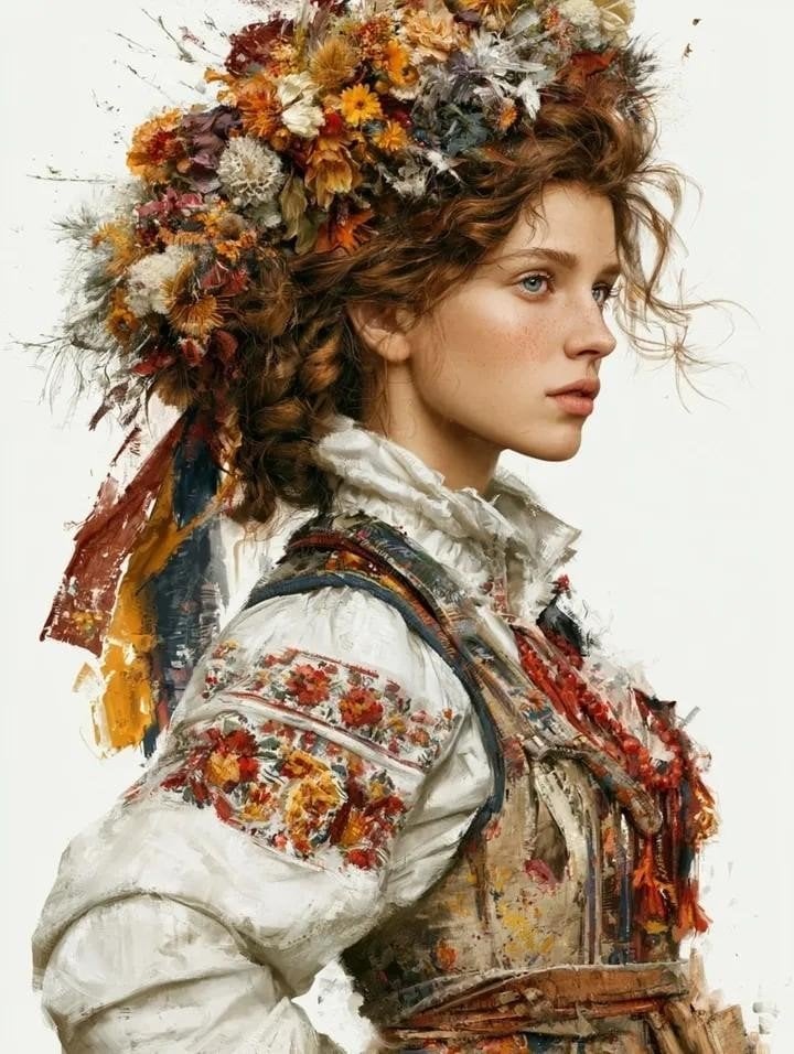 Melancholic Slavic Maiden in Folk Attire - alternate