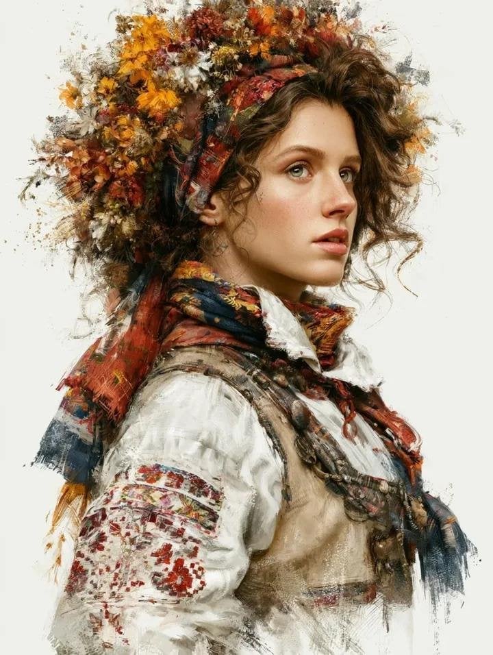 Melancholic Slavic Maiden in Folk Attire - alternate