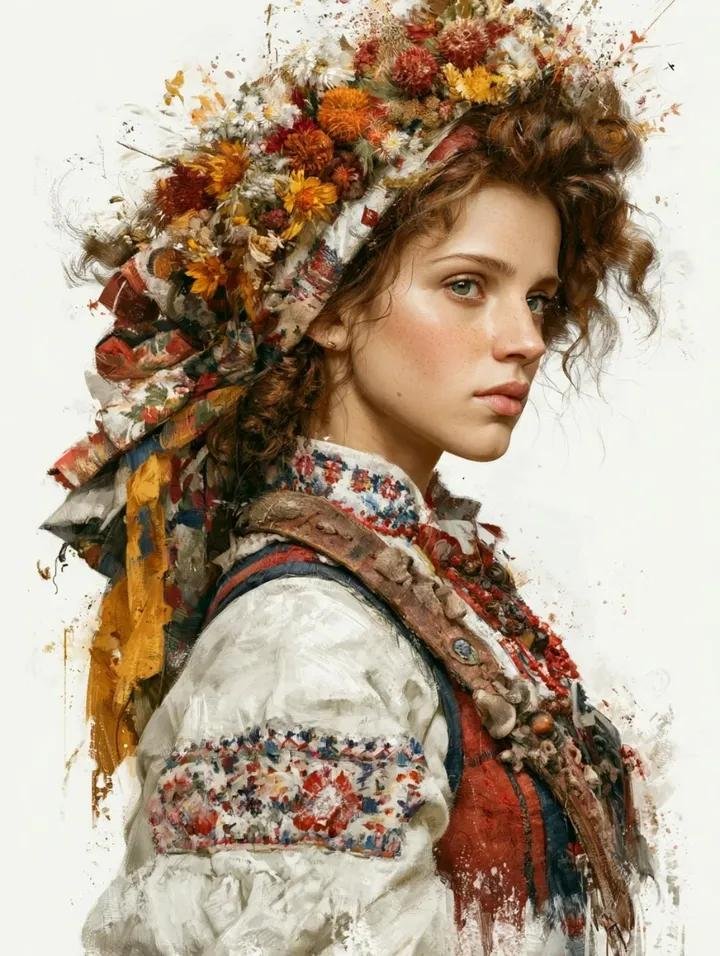 Melancholic Slavic Maiden in Folk Attire - alternate