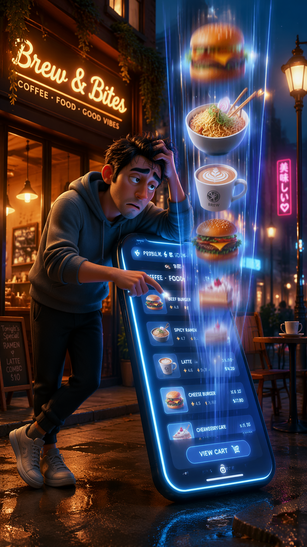 Digital Overload at the Neon Cafe