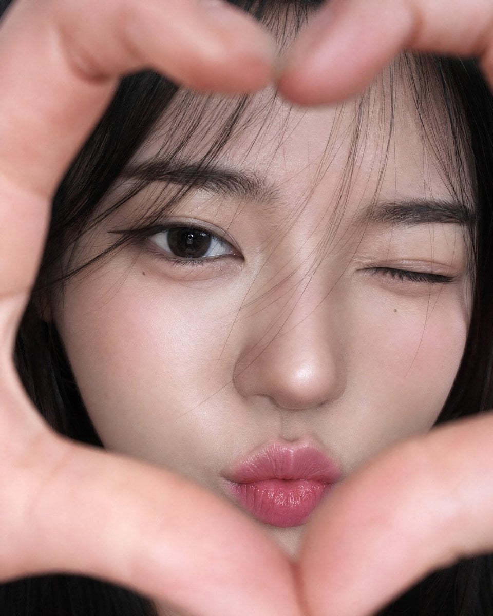 Playful East Asian Heart-Frame Selfie - alternate