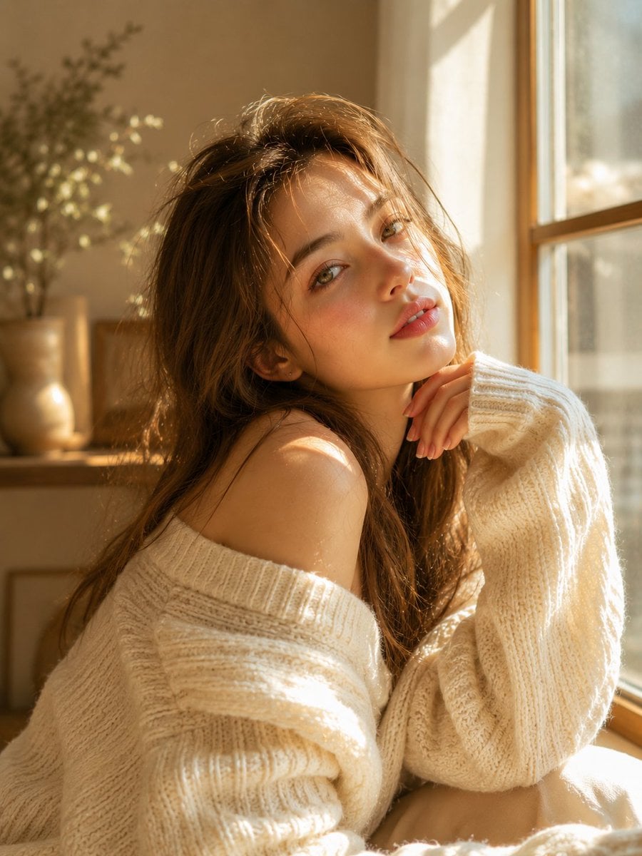Golden Hour Serenity: Cozy Knit Portrait