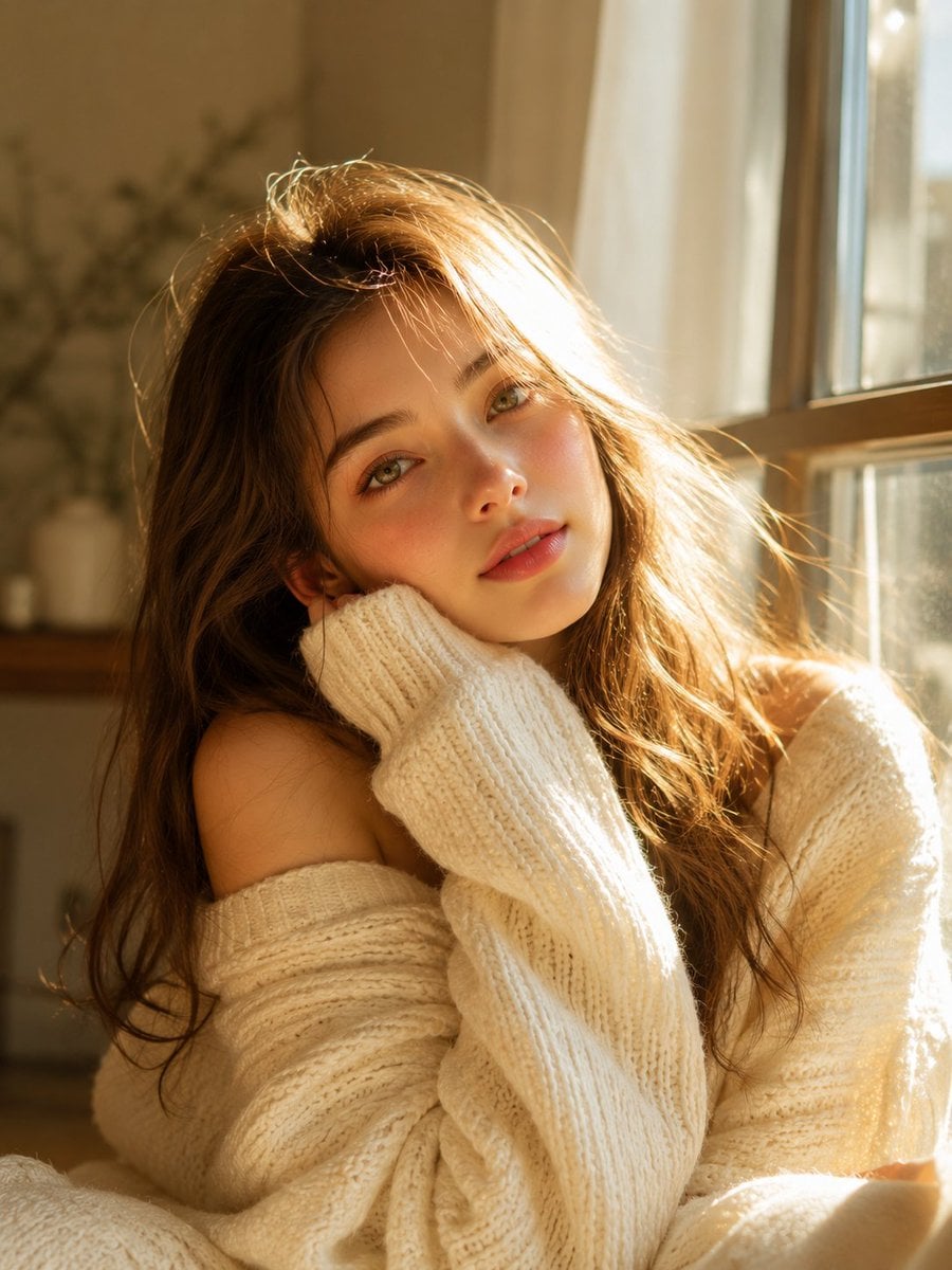 Golden Hour Serenity: Cozy Knit Portrait - alternate