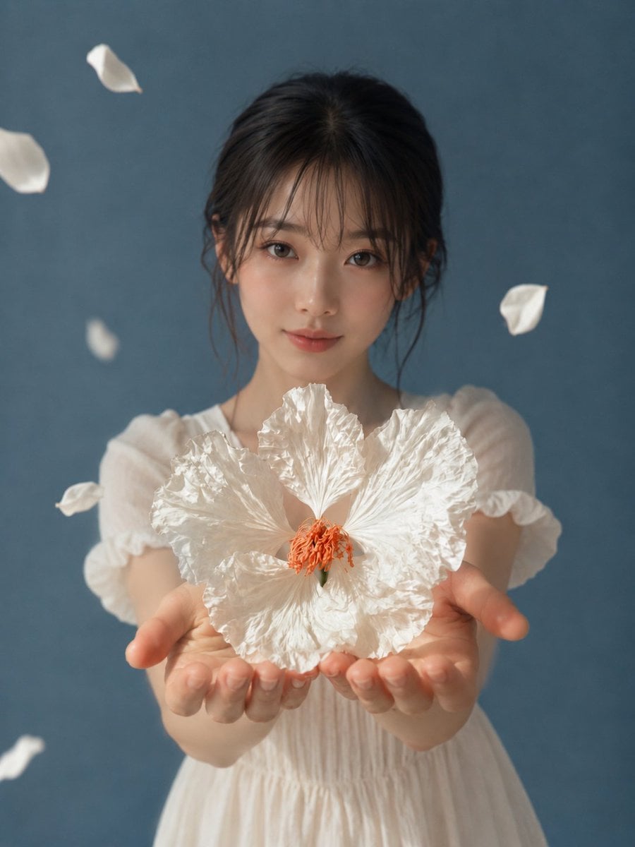 Ethereal Woman Holding a White Bloom