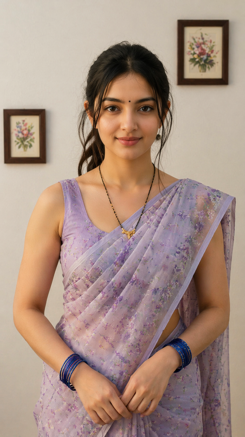Elegant Young Indian Woman in Purple Floral Saree