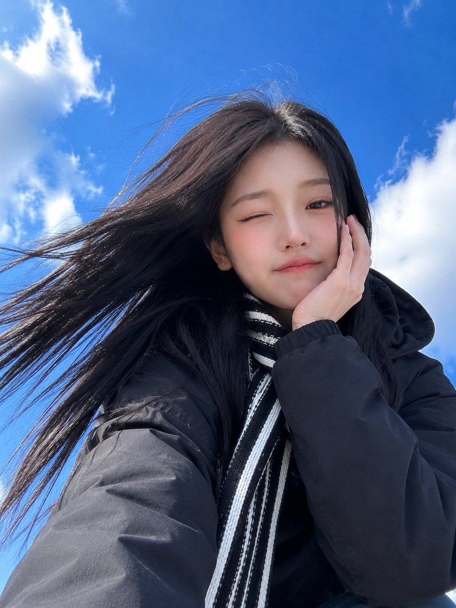 K-Style Winter Selfie in Blue Sky