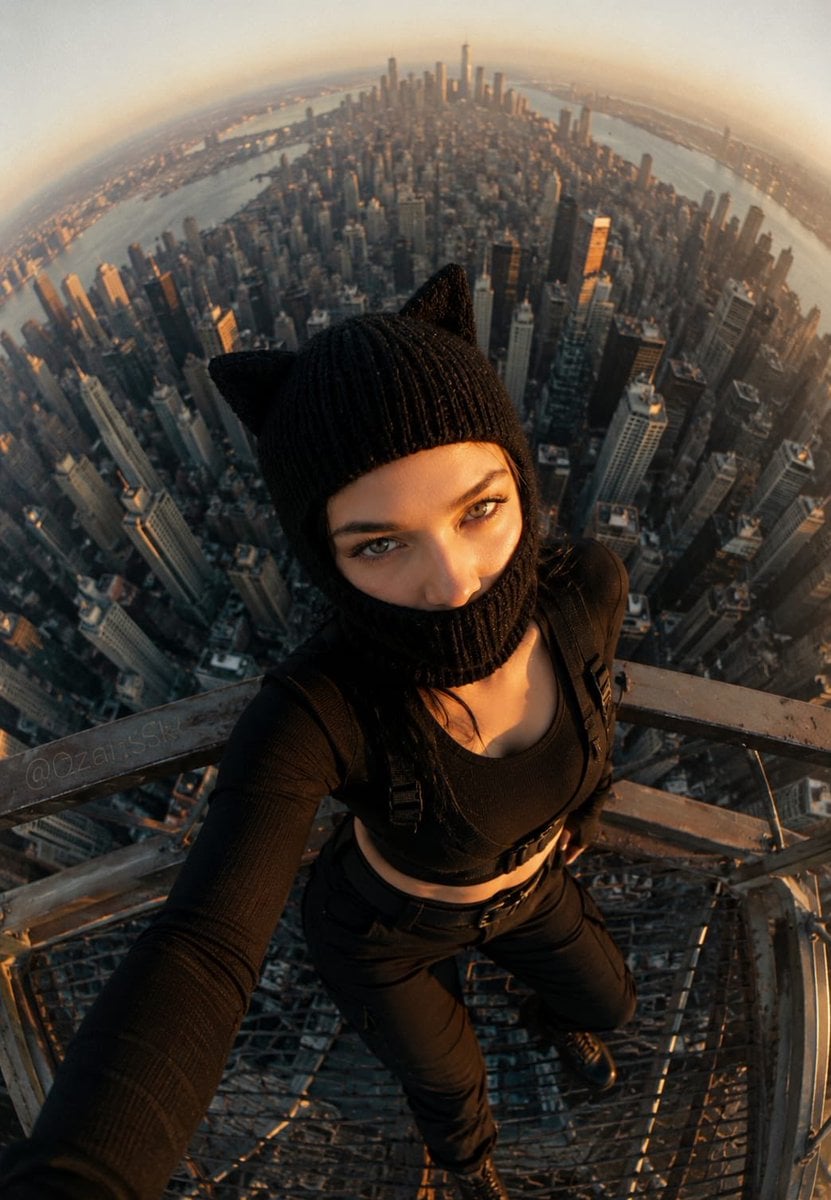 Cyber-Tactical Cat-Ear Girl Above Metropolis