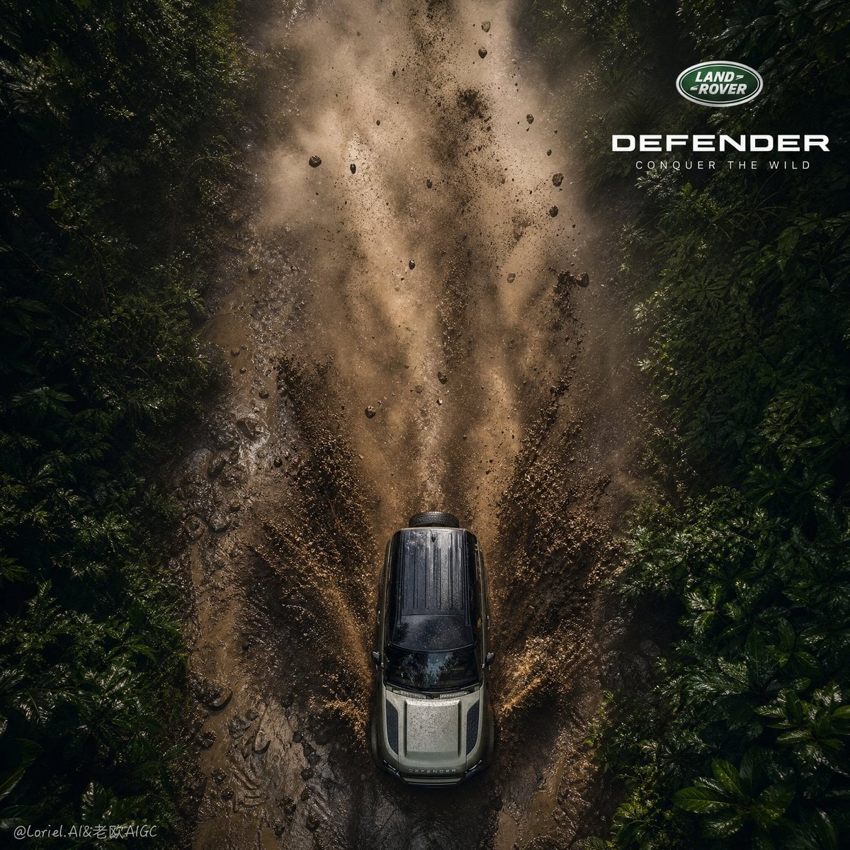 Land Rover Defender Rainforest Mud Sprint Aerial Poster - alternate