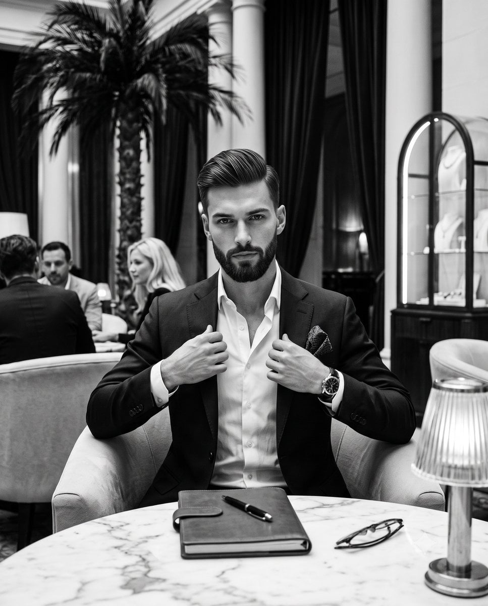 Sophisticated Man in Monochrome Luxury Lounge