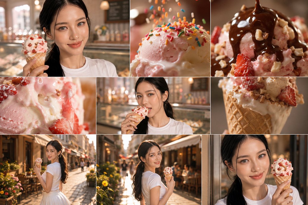 East Asian Woman Enjoying Strawberry Gelato in Bakery