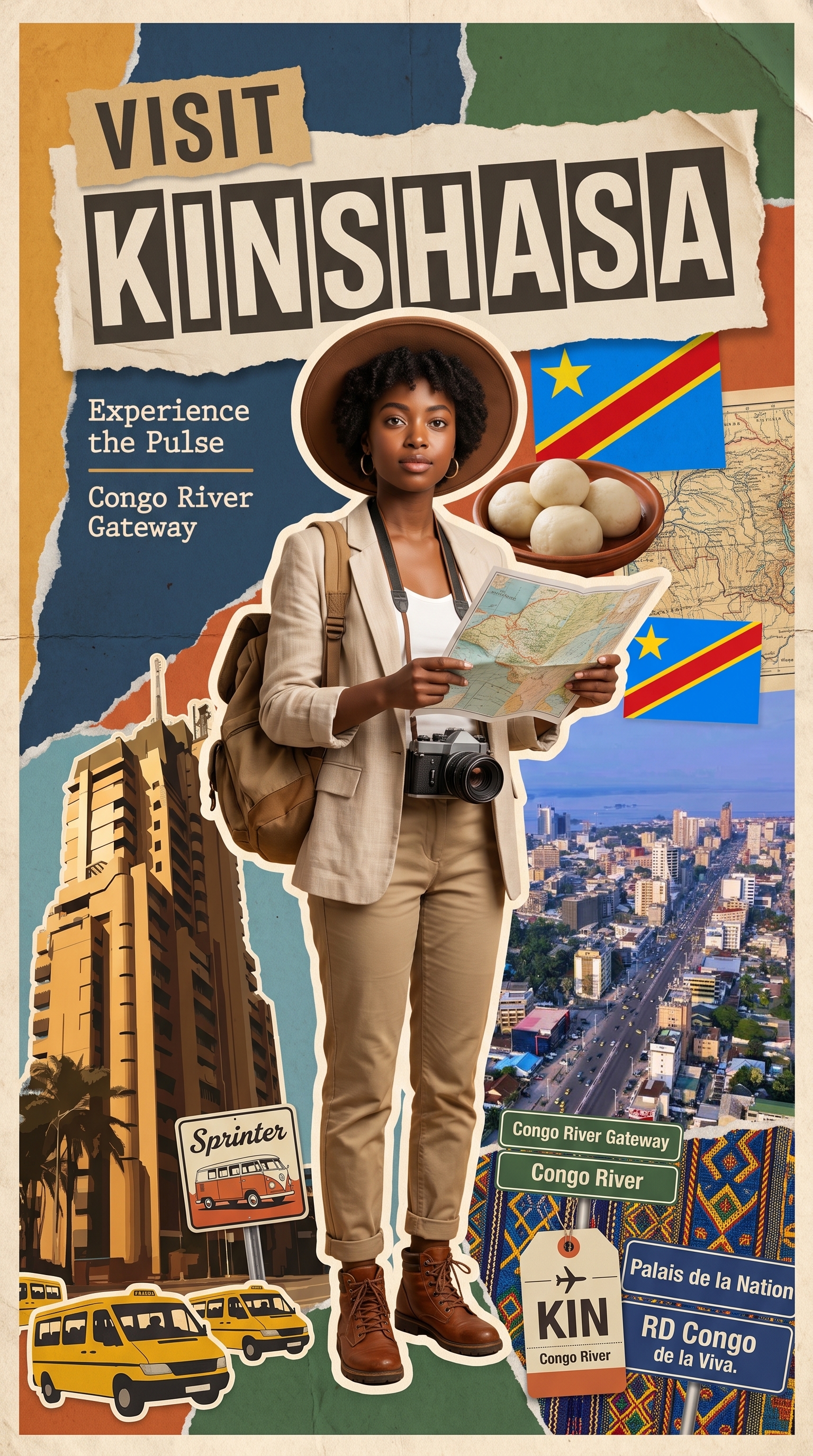 Kinshasa Retro Travel Collage Poster