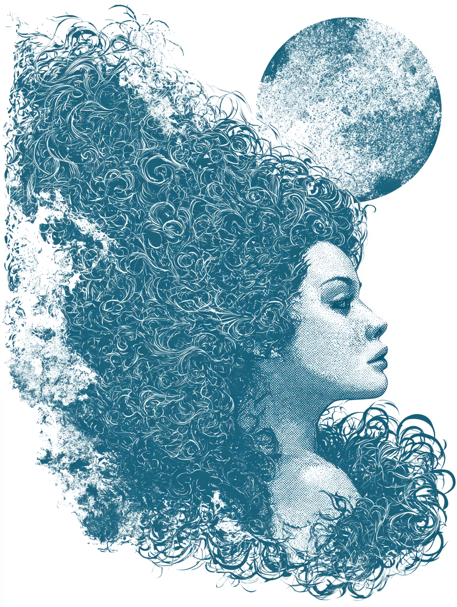 Cyan Calligraphic Profile with Celestial Moon