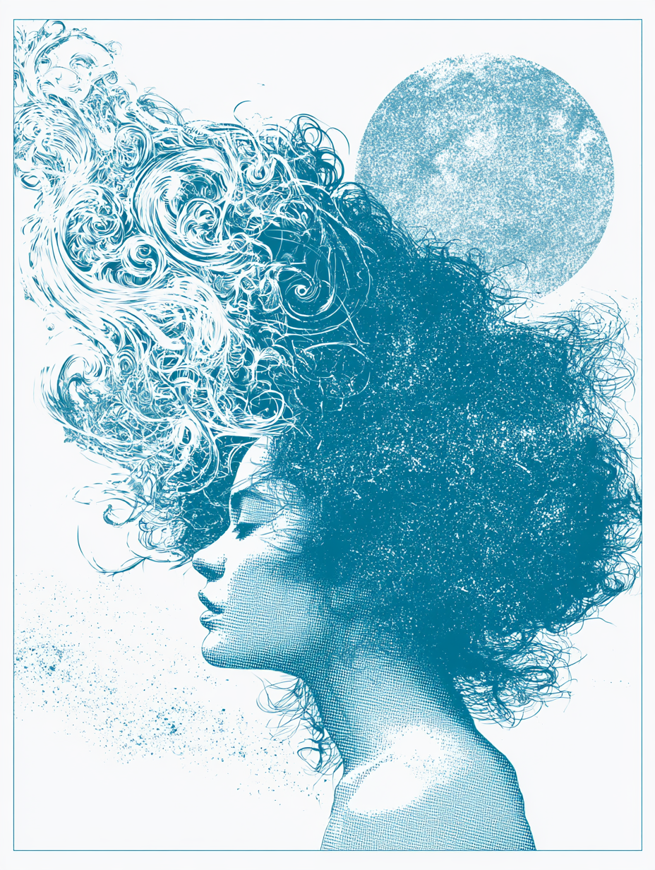 Cyan Calligraphic Profile with Celestial Moon - alternate