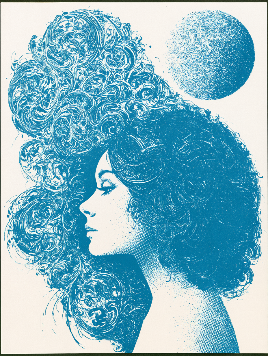 Cyan Calligraphic Profile with Celestial Moon - alternate
