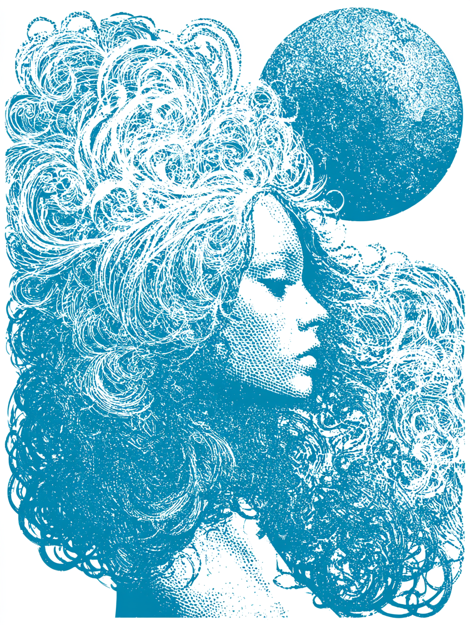Cyan Calligraphic Profile with Celestial Moon - alternate