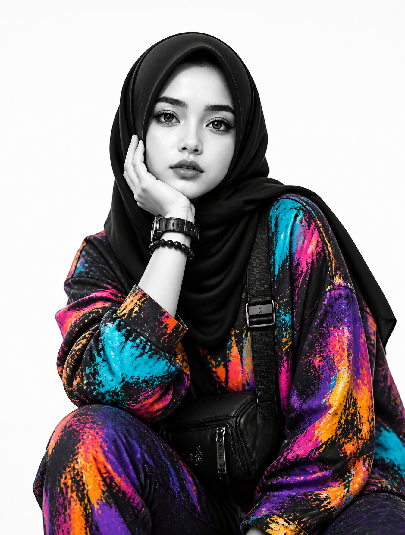 Abstract Paint-Splatter Monochrome Fashion Portrait