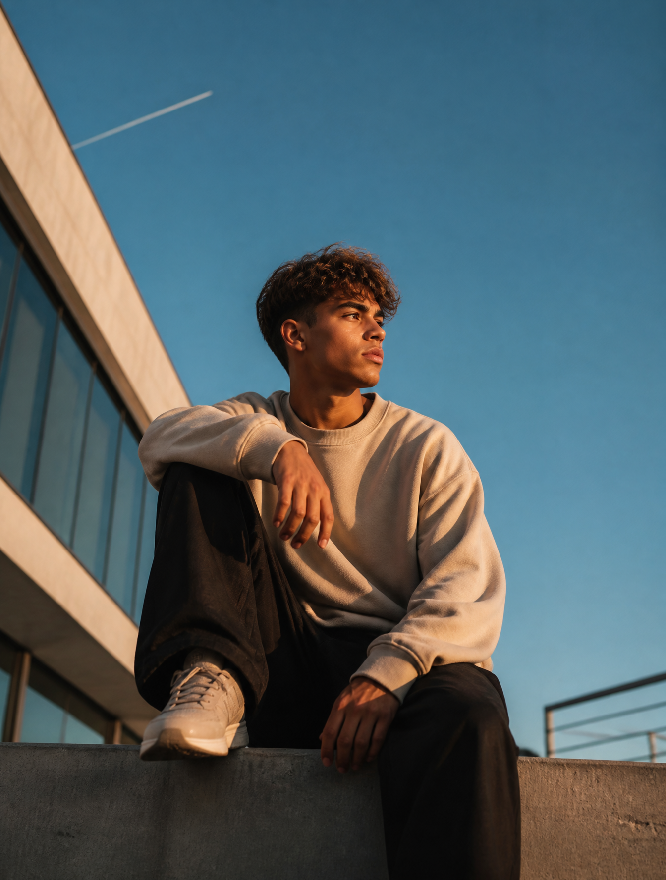 Golden Hour Minimalist Streetwear Rooftop Portrait