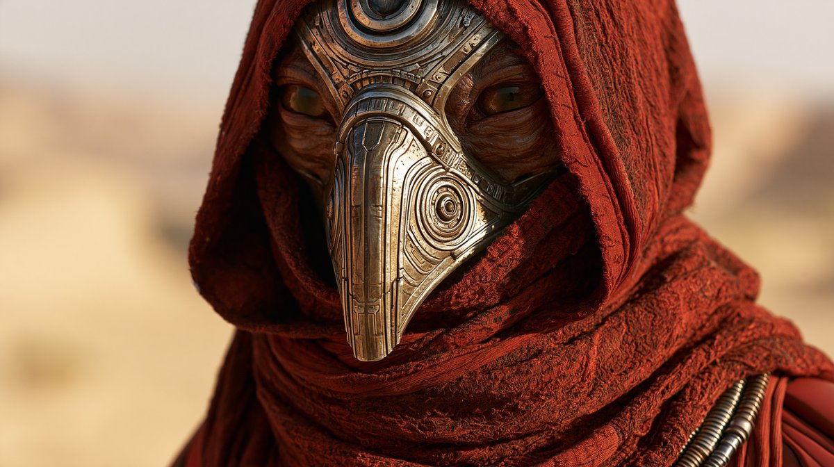 Avian-Masked Extraterrestrial in Crimson Hood