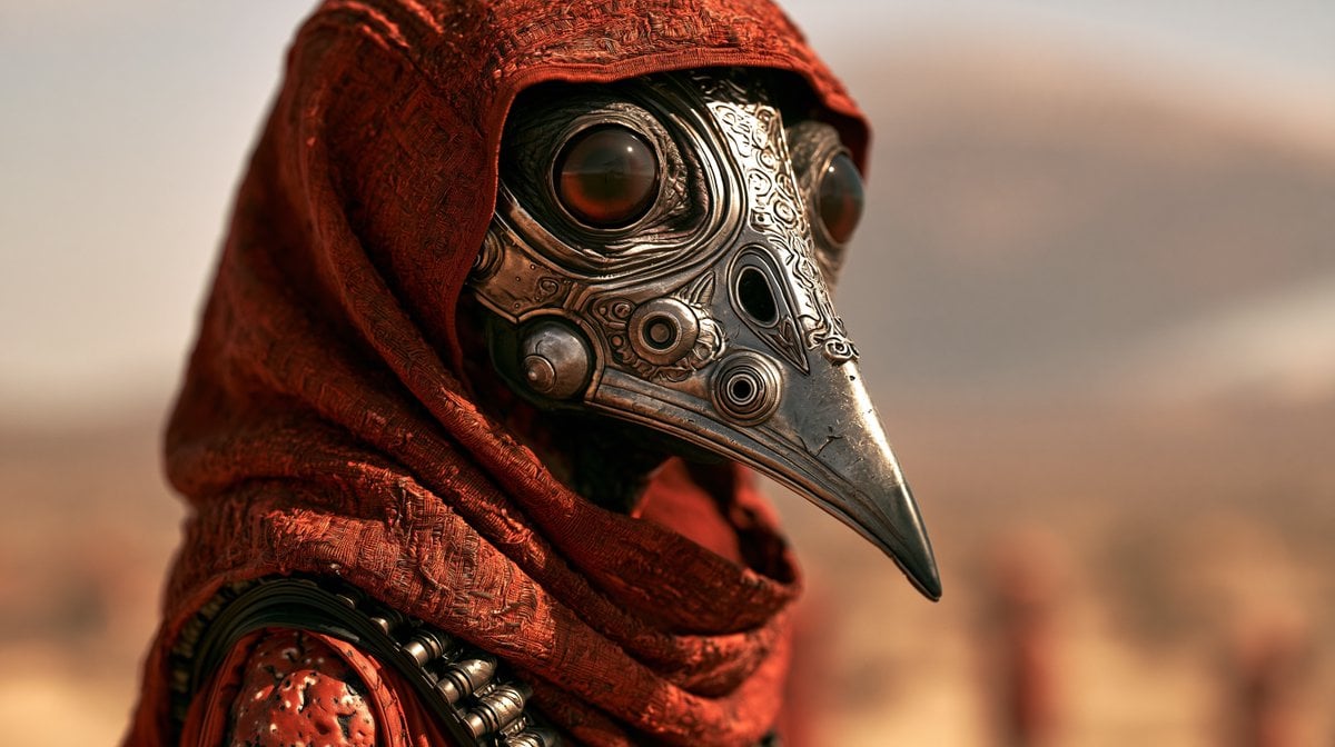 Avian-Masked Extraterrestrial in Crimson Hood - alternate