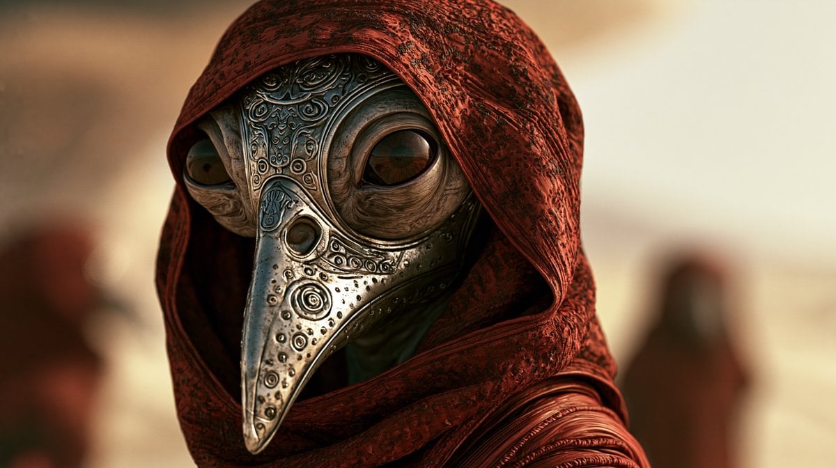 Avian-Masked Extraterrestrial in Crimson Hood - alternate