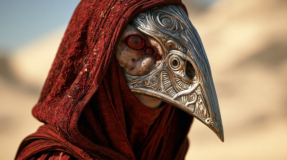 Avian-Masked Extraterrestrial in Crimson Hood - alternate
