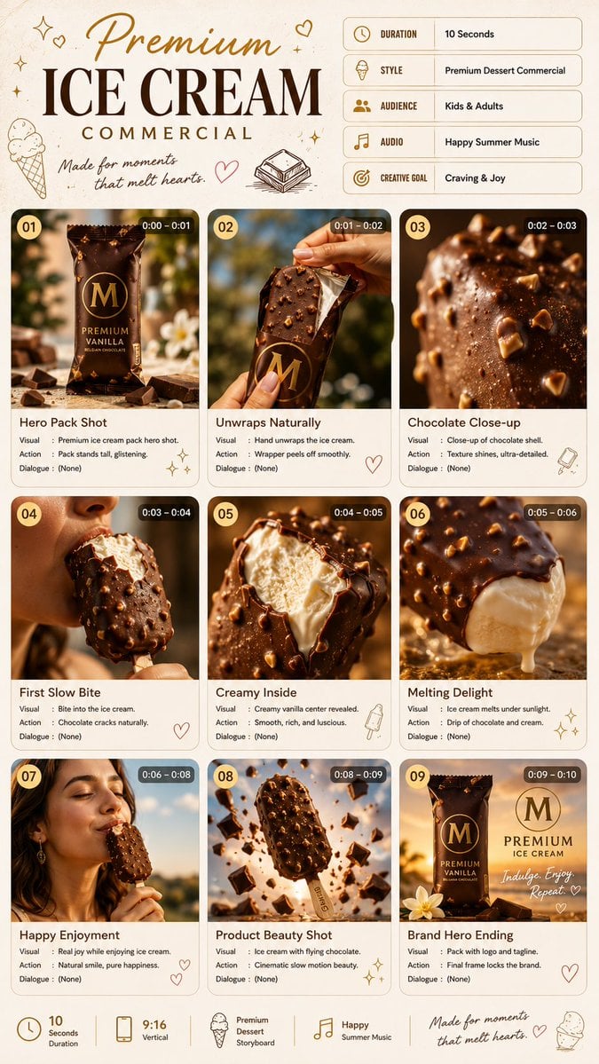 Luxury Ice Cream Commercial Storyboard Sheet