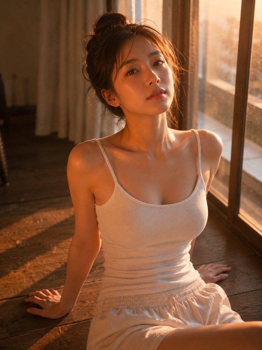 Golden Hour Serenity: Japanese Muse by the Window