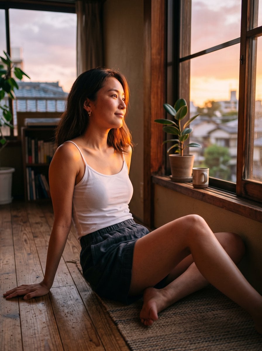 Golden Hour Serenity: Japanese Muse by the Window - alternate