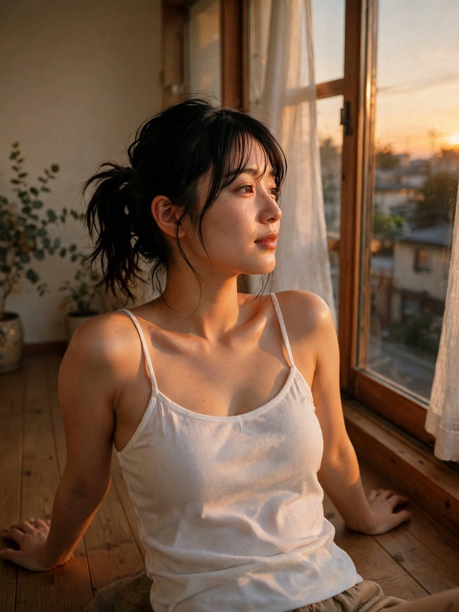Golden Hour Serenity: Japanese Muse by the Window - alternate