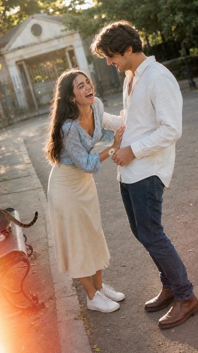 Candid Moment of Laughter on a Sunlit Path