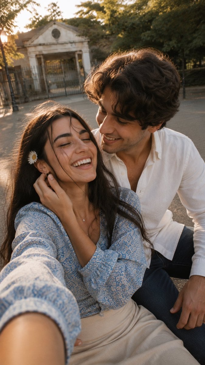 Candid Moment of Laughter on a Sunlit Path - alternate