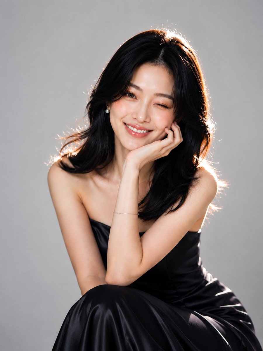 Elegant East Asian Beauty in Navy Satin