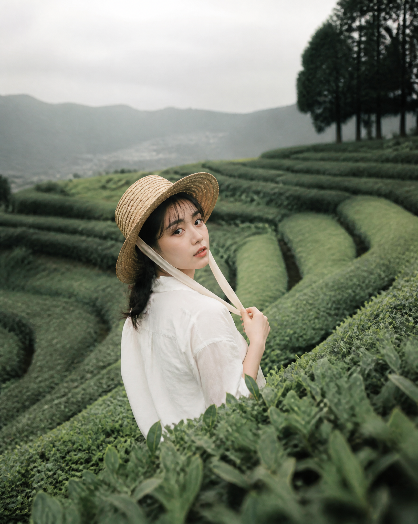 Serene Japanese Woman in Tea Plantations