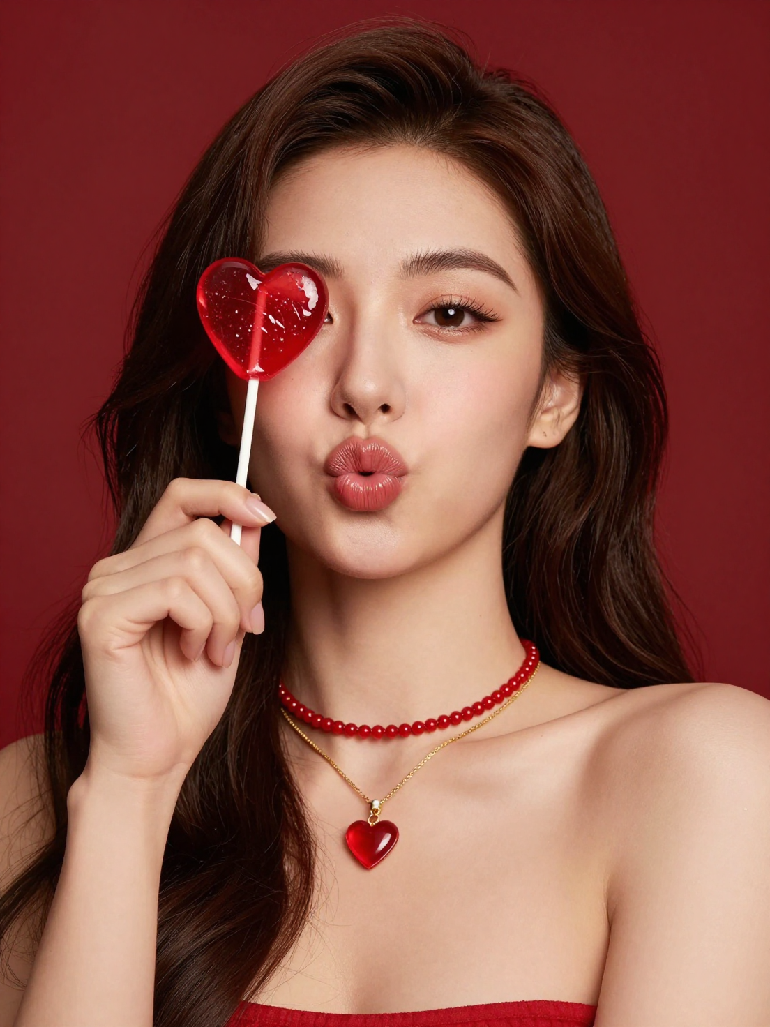 Playful Asian Beauty with Red Heart Lollipop