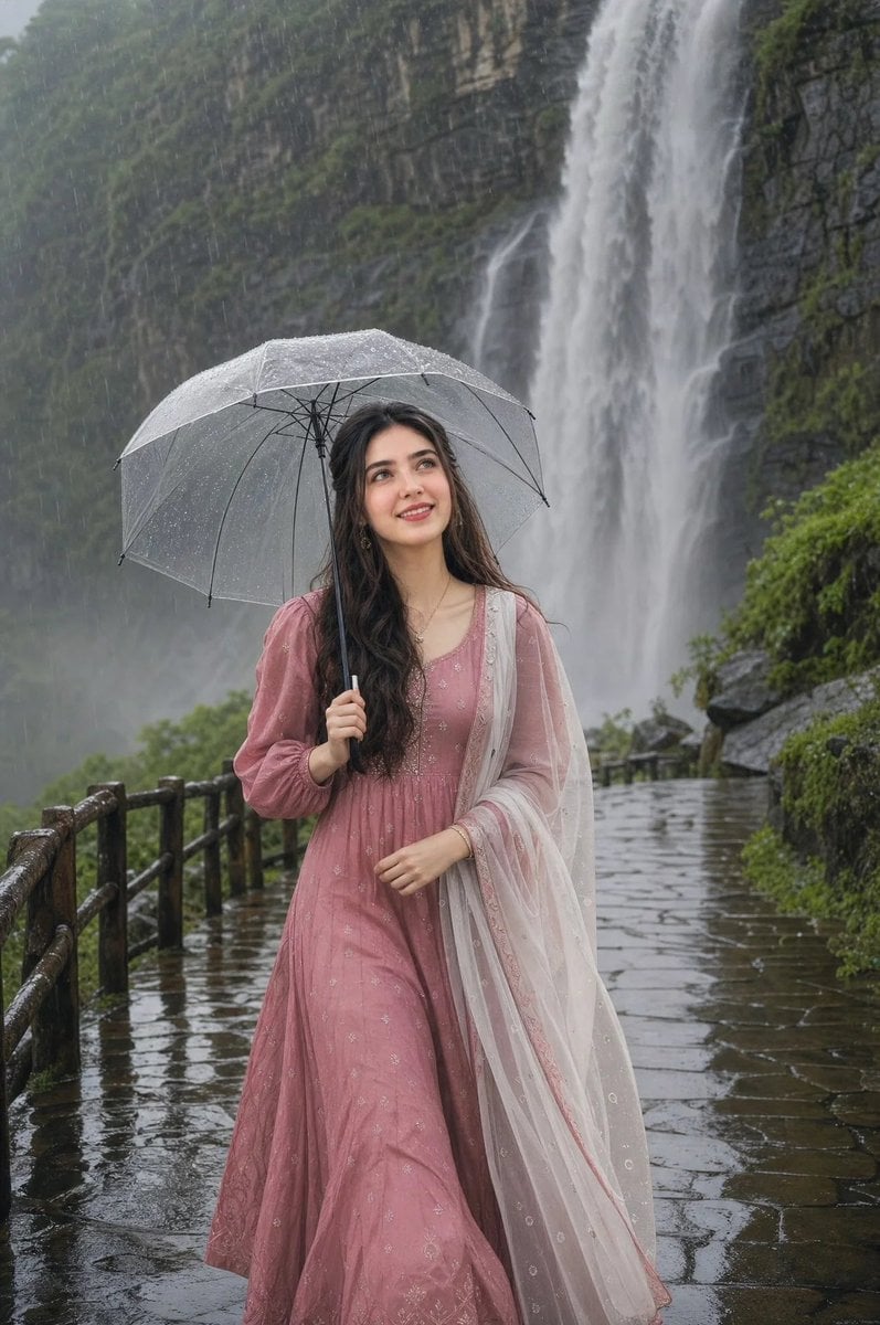 Joyful Woman with Pink Lehenga at Misty Waterfall - alternate