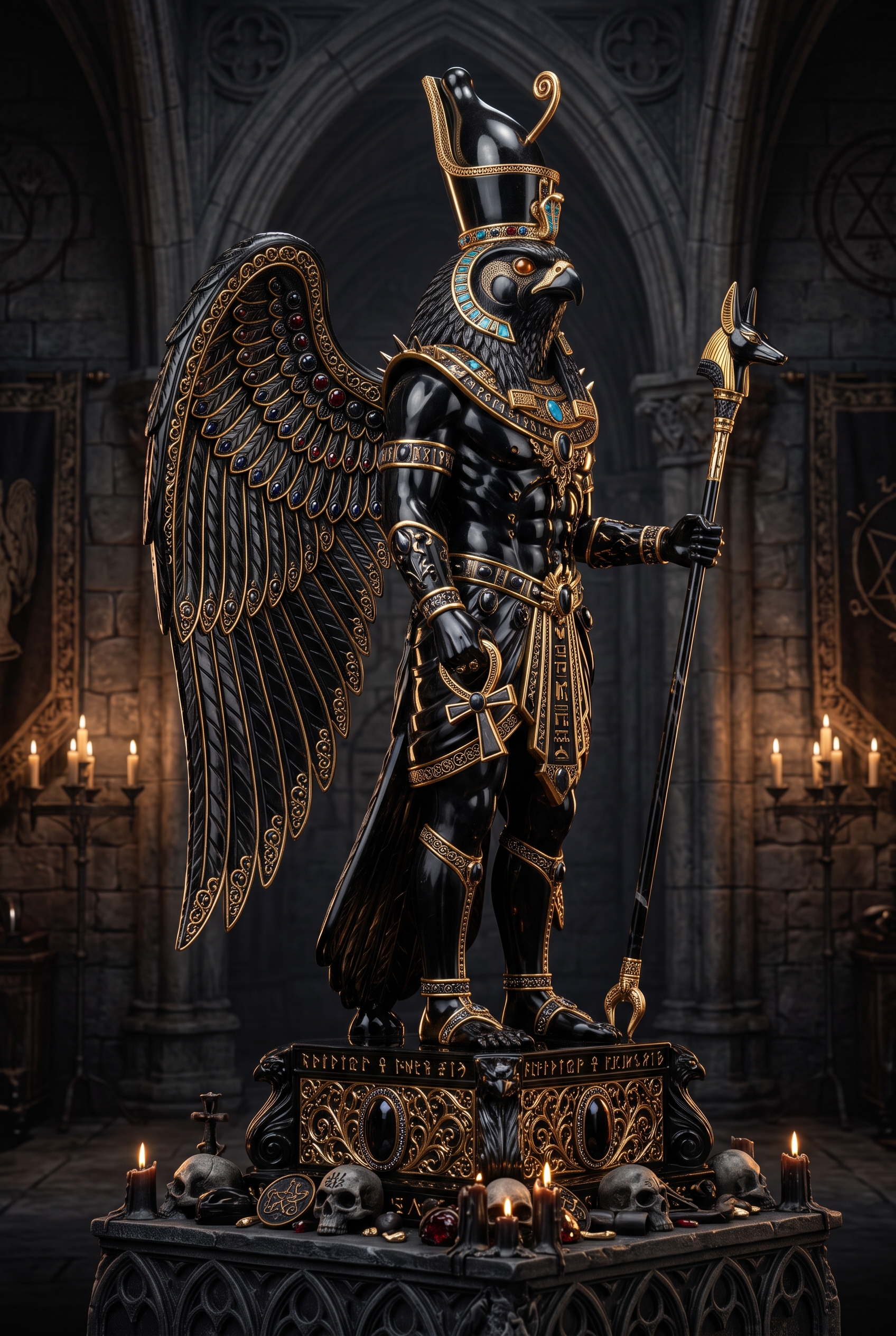 Gothic Obsidian Horus Deity Sculpture