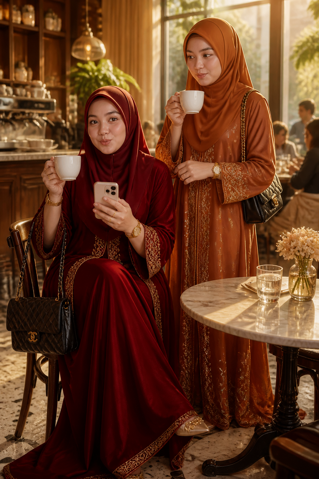 Luxury Cinematic Portrait of Two Elegant Muslim Women in Cafe