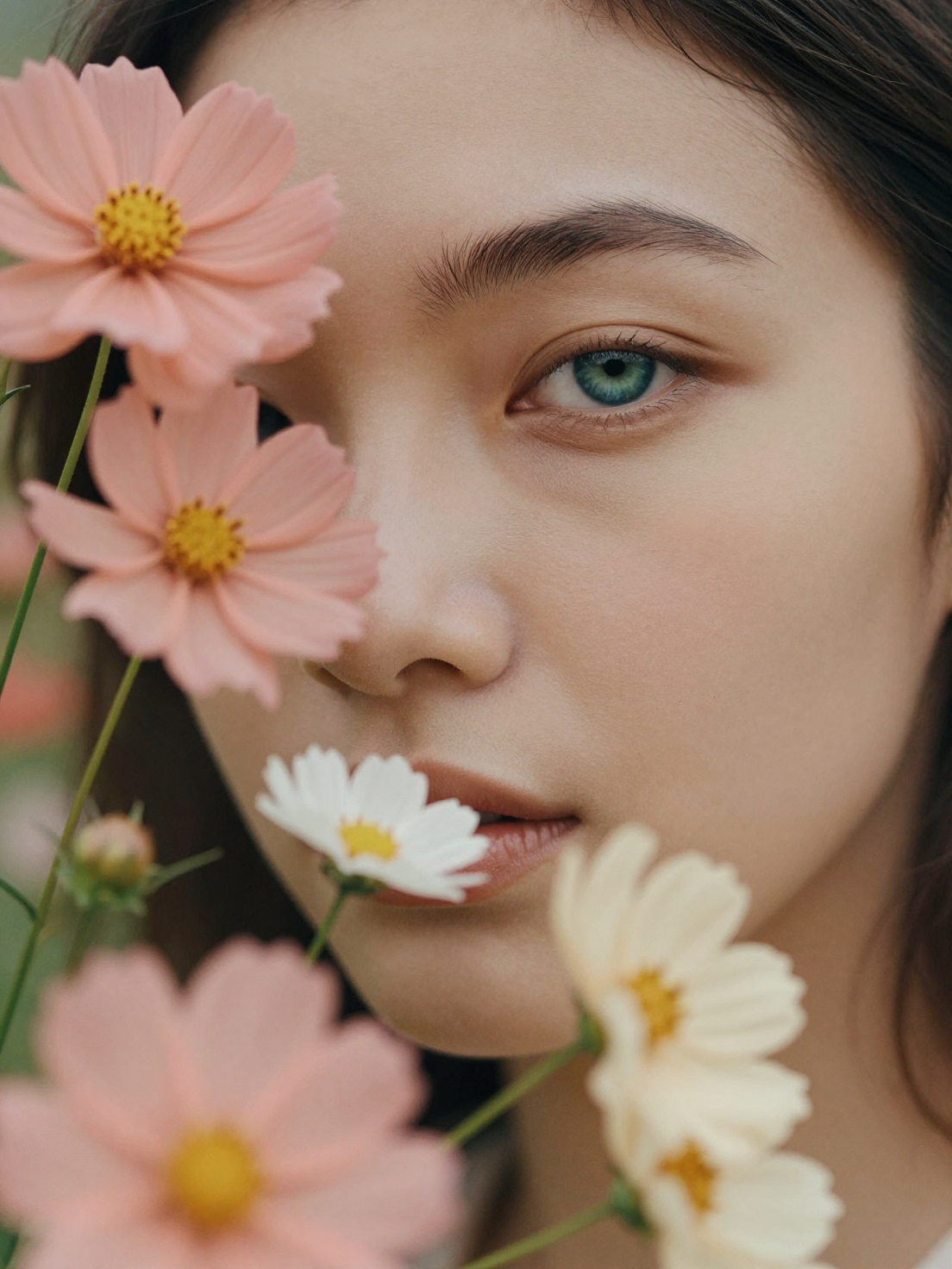 Floral Gaze: Ethereal Portrait in Peach Tones