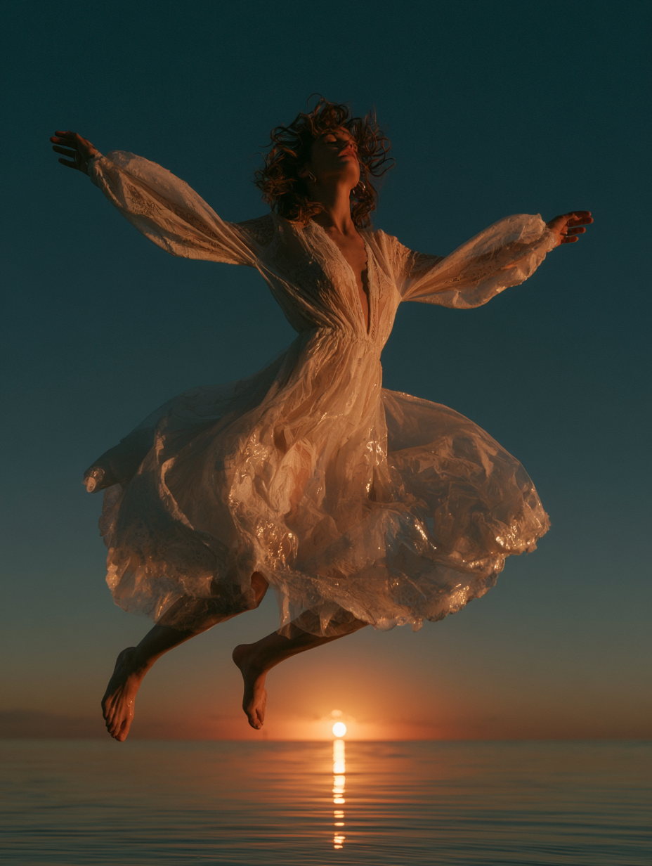 Ethereal Sunset Flight of a Graceful Woman