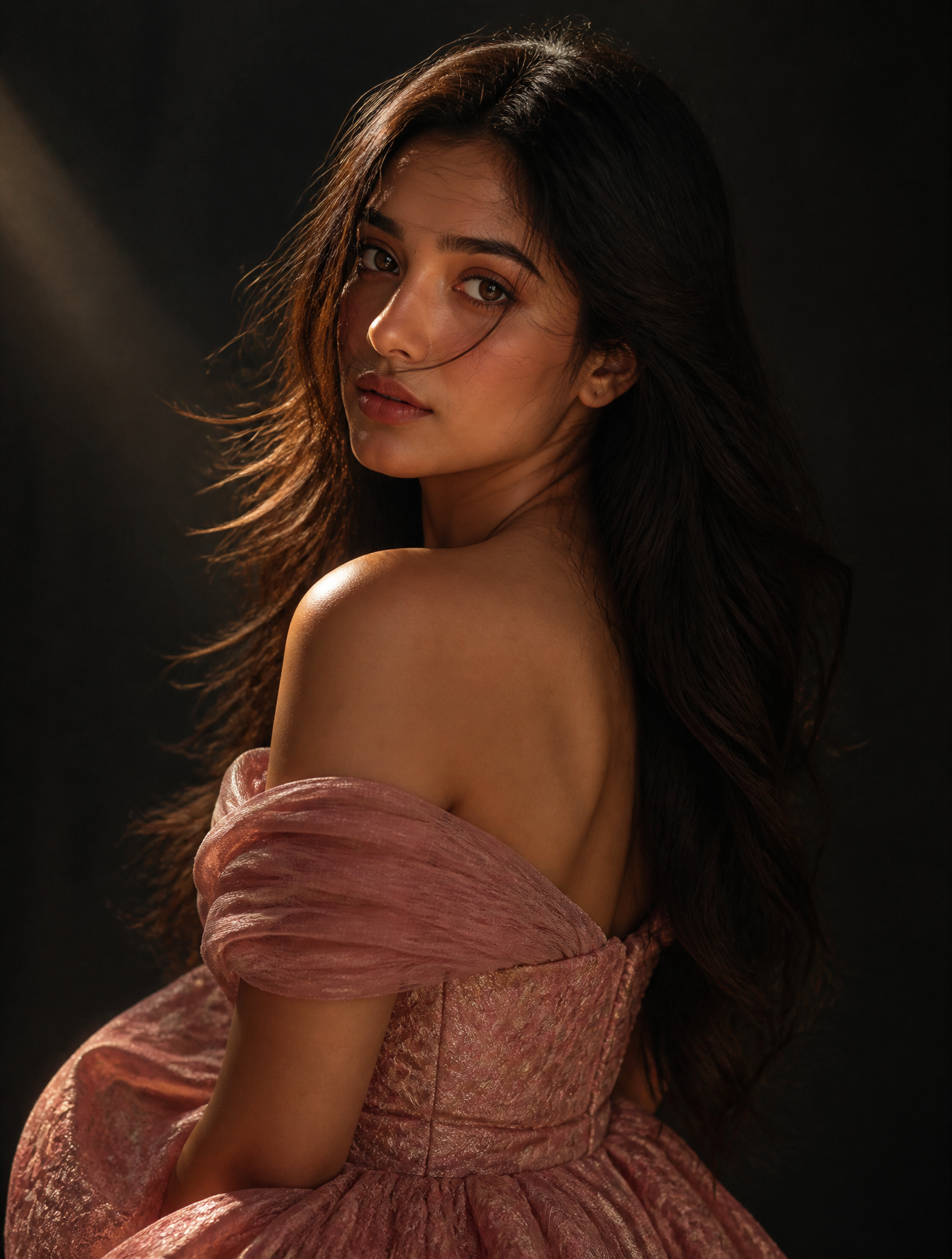Elegant Woman in Textured Pink Gown