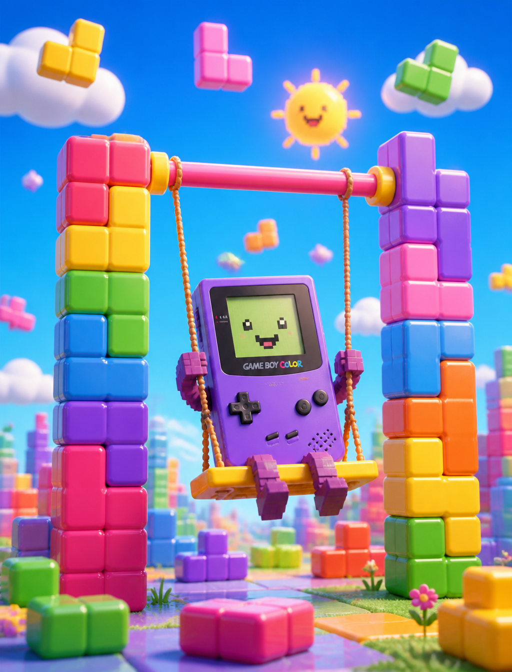 Candy-Colored Retro Gamebot in Tetris Realm