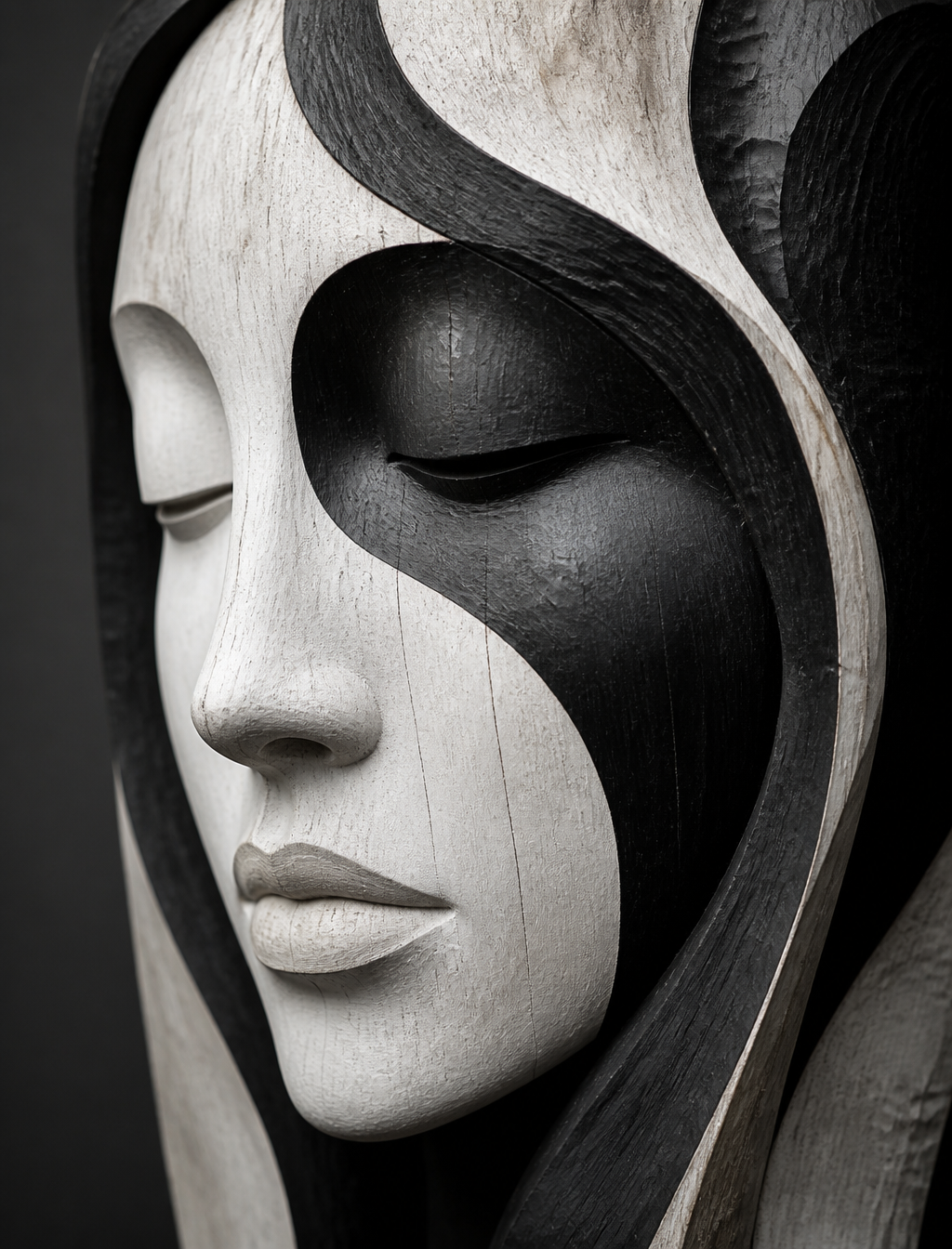 Handcrafted Monochromatic Wooden Face Sculpture