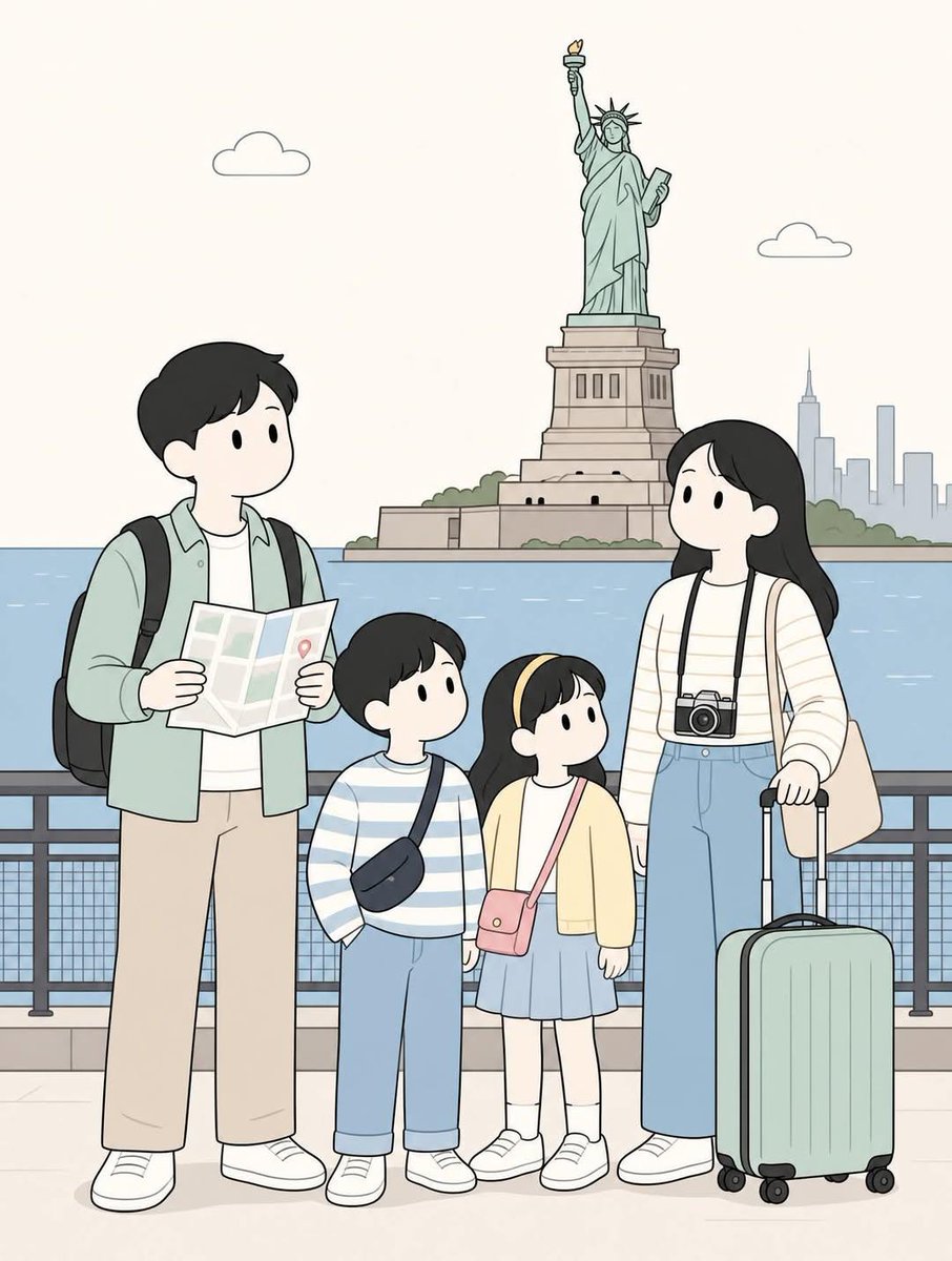 Minimalist Korean Webtoon Family Travel Illustration