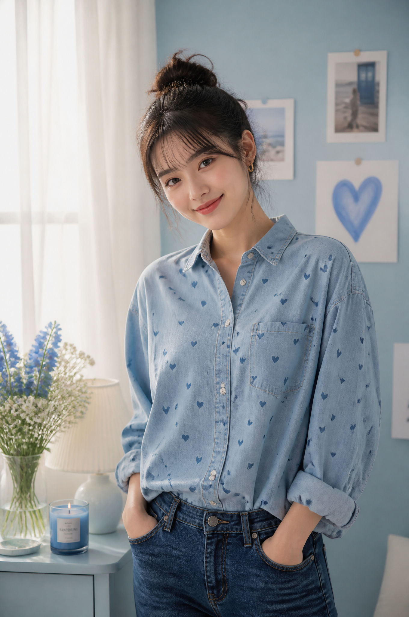Young East Asian Woman in Heart-Patterned Denim