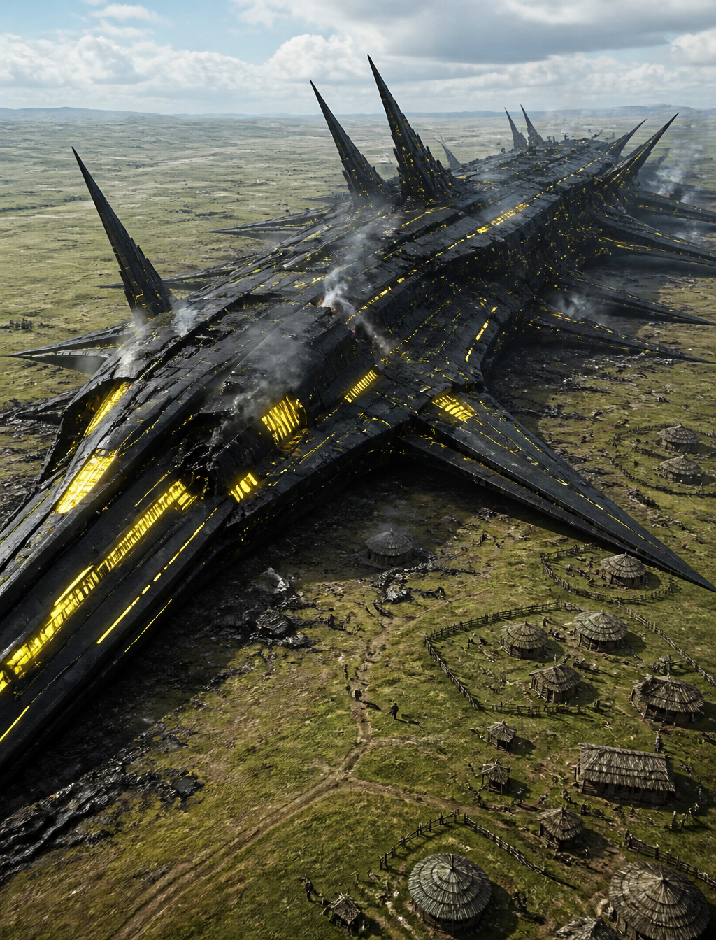 Colossal Fallen Starship Over Primitive Settlement