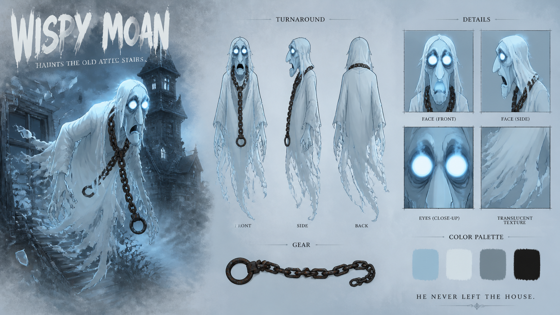 Wispy Moan Ghost Character Concept Sheet