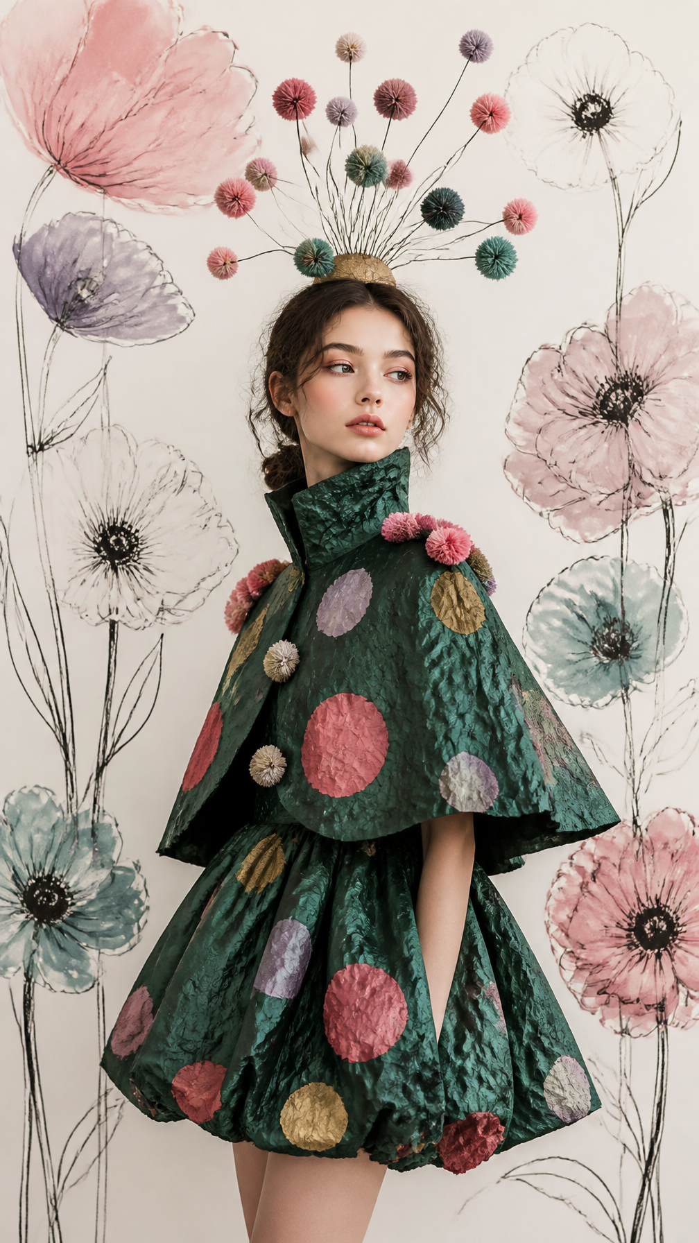 Avant-Garde Emerald Paper Couture with Botanical Art