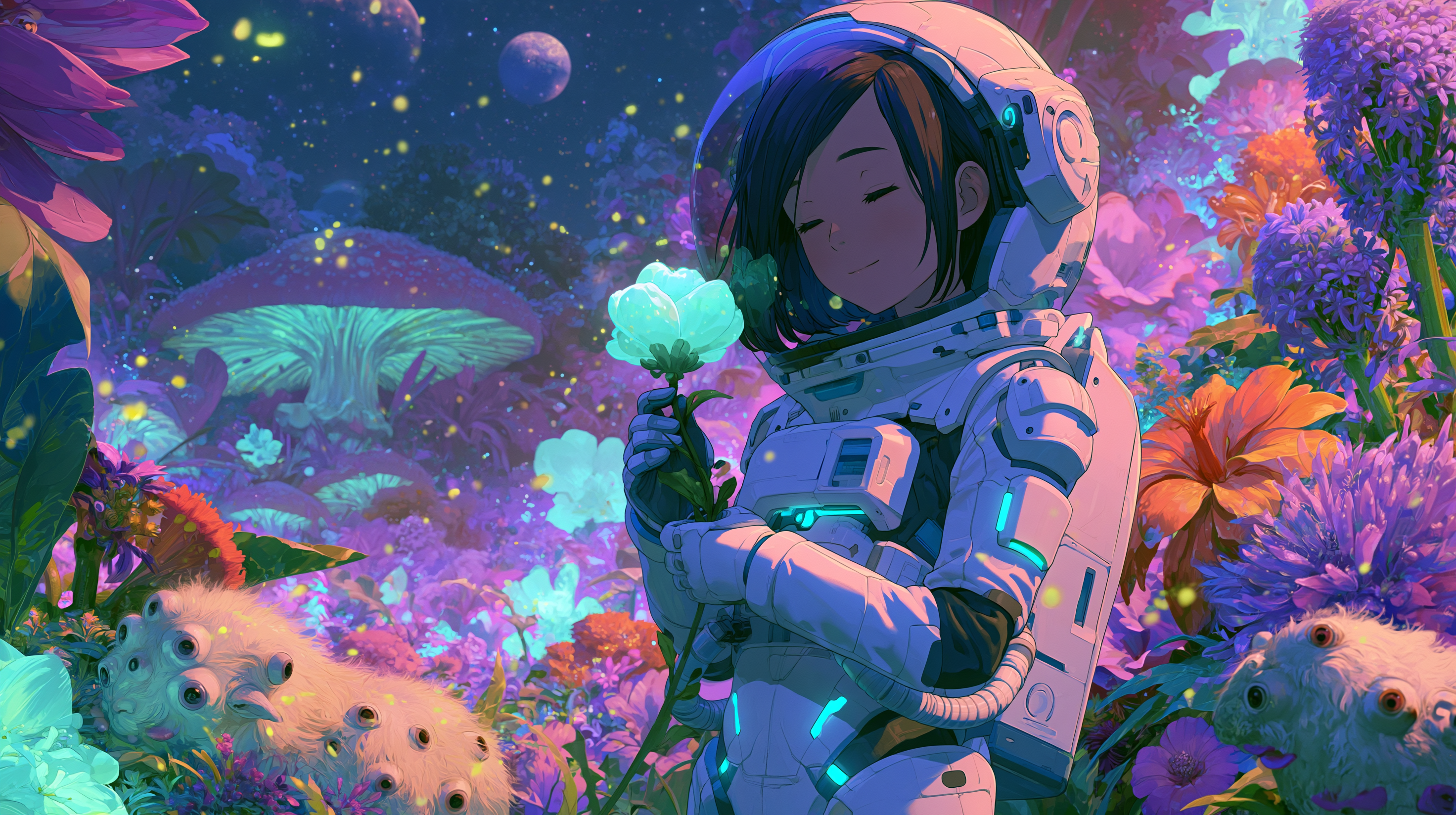 Astronaut Discovering Bioluminescent Flora on Alien World - alternate